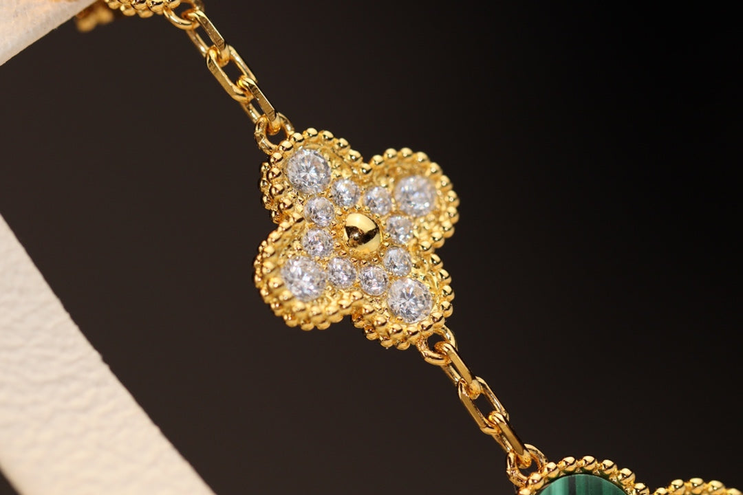 [⭐Renara]CLOVER EARRINGS GOLD MALACHITE DIAMOND 3 MOTIF