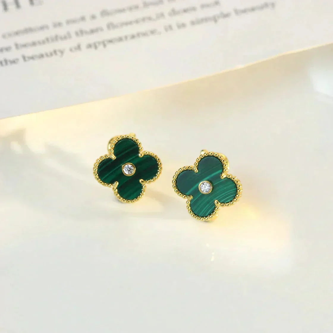 [⭐Renara]CLOVER MEDIUM 1 MOTIFS MALACHITE DIAMOND EARRINGS