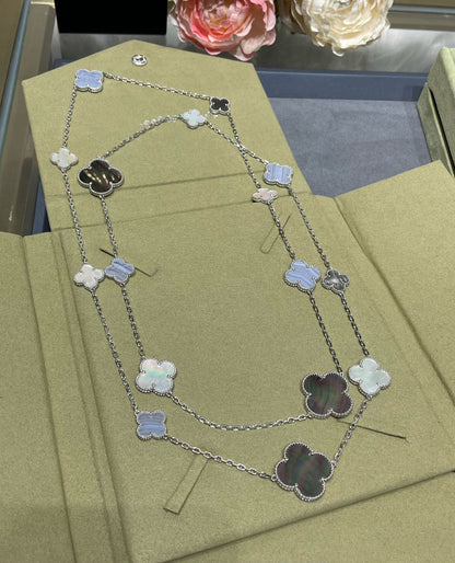 [⭐Renara]CLOVER 16 MOTIF CHALCEDONY MOP SILVER NECKLACE