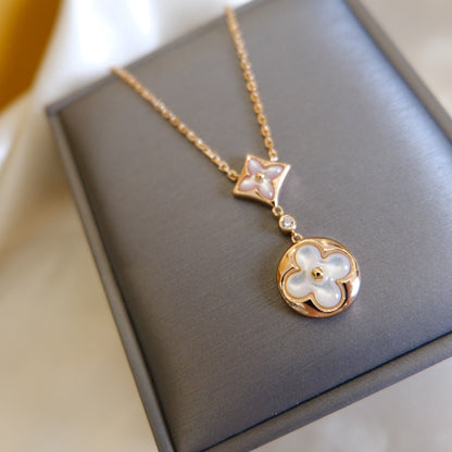 [⭐Renara]STAR AND SUN WHITE MOP 2 MOTIF PINK GOLD NECKLACE