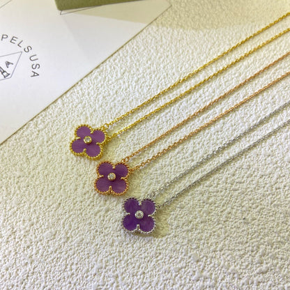 [⭐Renara Jewelry]CLOVER 15MM DIAMOND  PURPLE VIOLET NECKLACE