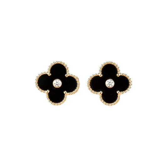 [⭐Renara]CLOVER MEDIUM 1 MOTIFS ONYX DIAMOND EARRINGS