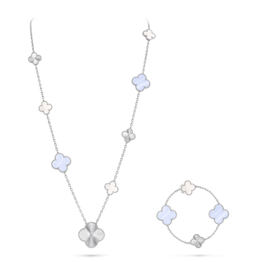[⭐Renara]DETACHABLE CLOVER 15(11+4) FLOWER SILVER NECKLACE SET